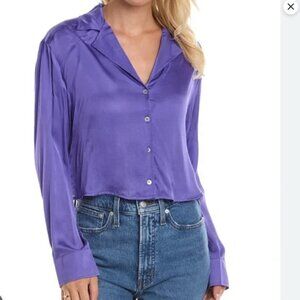 NWT Donni Women's Size S Cropped longsleeve collar top blouse purple minor Flaw